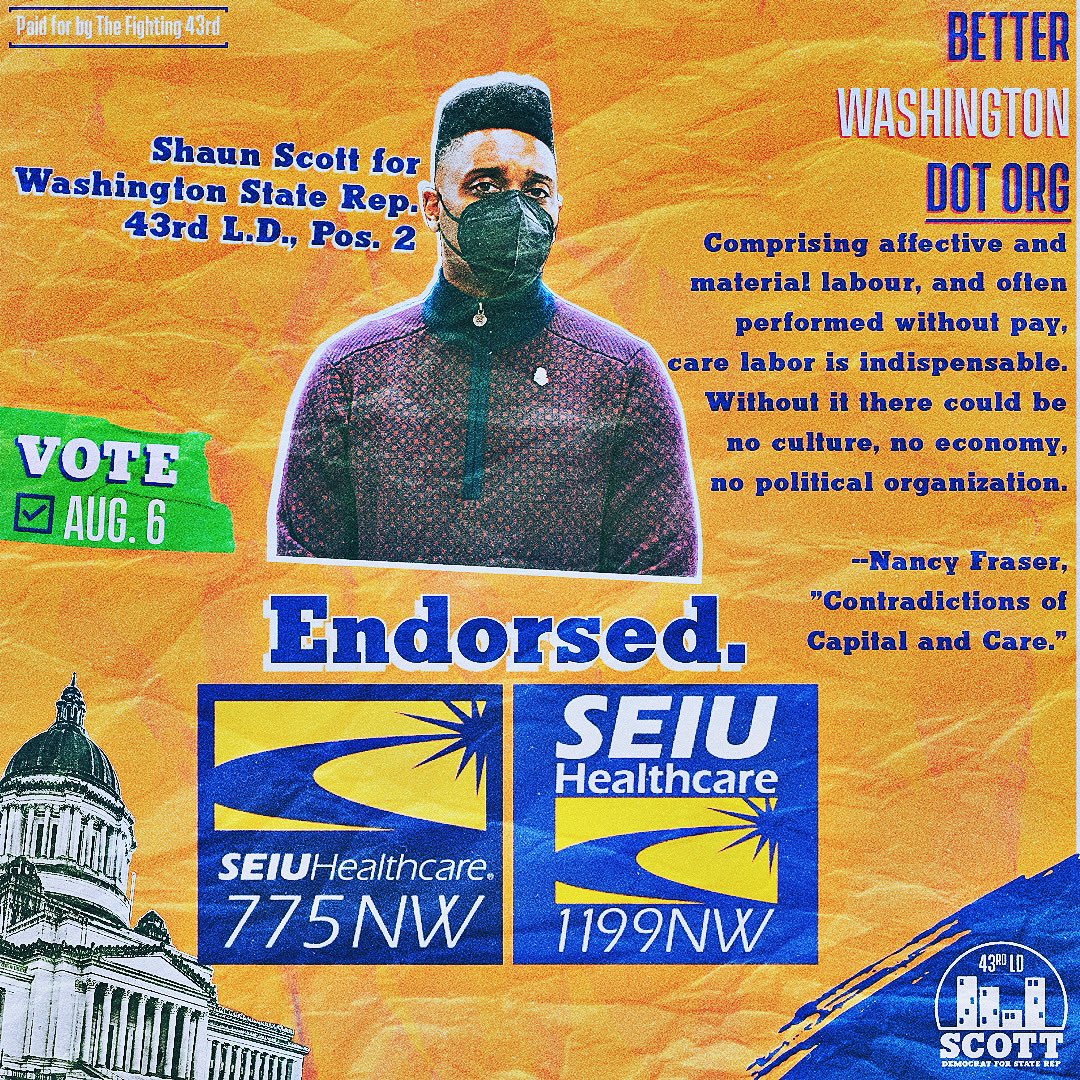 eyesonthestorm's tweet photo. Care labor in all forms is some of the most important, least-valued work in our economic system. 

With support from @seiu775 and @SEIU1199NW, we can secure good wages and great benefits for healthcare workers in Olympia in 2025. 

VOTE SCOTT for 43rd LD State Rep on 8/6. ✊🏾🏛️ https://t.co/7kandyWhJq