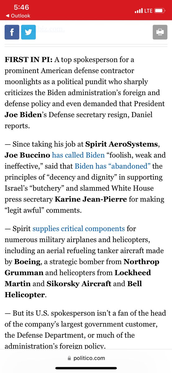 dlippman's tweet photo. SCOOP: A top spokesperson for a prominent U.S. defense contractor, Joe Buccino of Spirit AeroSystems, moonlights as a political pundit who sharply criticizes Biden’s foreign and defense policy and even demanded that Defense Secretary Lloyd Austin resign. https://t.co/21Ex0q08gp https://t.co/wf8DZz8uCZ