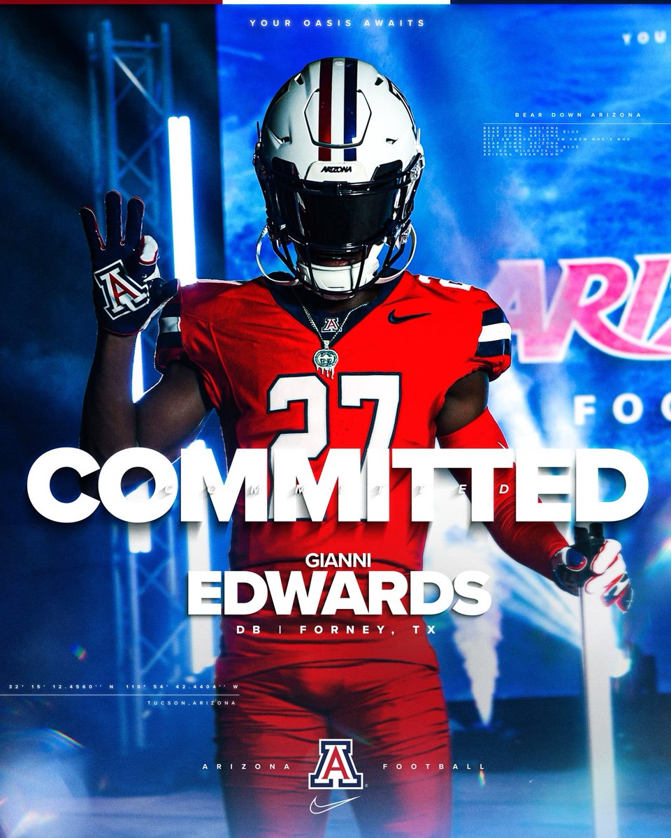 After a great visit I’m excited to announce that i have committed to the university of Arizona <a href="/CoachChipViney/">Chip Viney</a> <a href="/CoachAkina/">Duane Akina</a> <a href="/CoachBrennan/">Coach Brennan</a> <a href="/ArizonaFBall/">Arizona Football</a> #beardown 🔵⚪️🔴