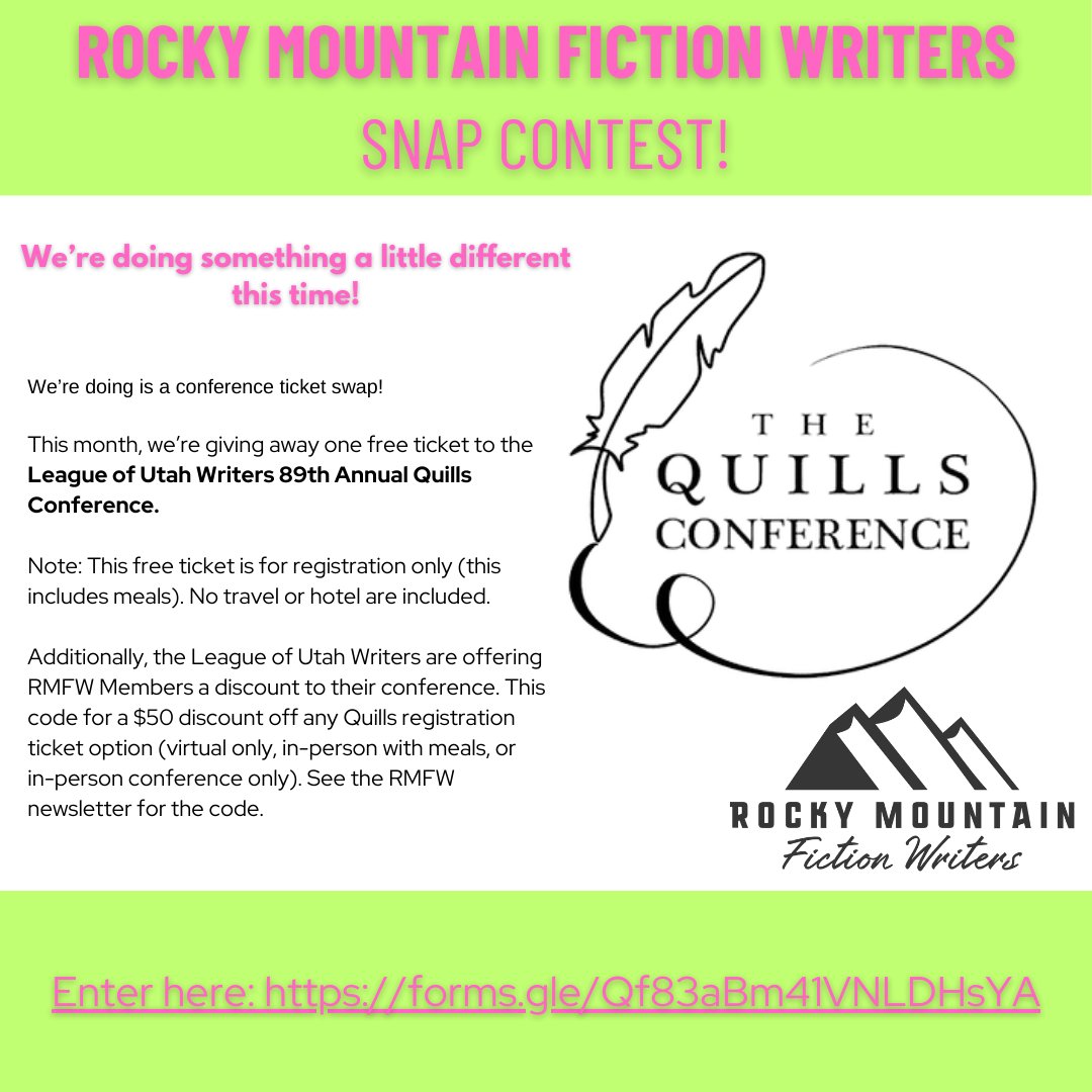 In partnership with the Utah League of Writers, we're giving away a free pass to the Quills Conference! Use keyword SALT. And for more chances to win, check out the newsletter and our other socials. #IamRMFW #giveaway #WritingCommunity #Quills

Enter here: ow.ly/l2wv50SliGp