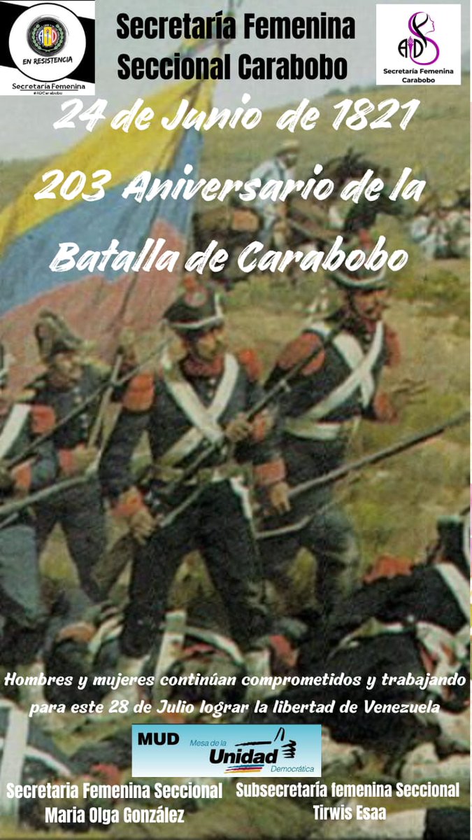 #24DeJunio 203 años de la Batalla de Carabobo, hombres y mujeres continúan en la lucha y están  comprometidos , trabajando para que este #28DeJulio #Venezuela🇻🇪 sea un país libre. Amén 🙏🏻 
#ADCarabobo 
#ADecosConEdmundo
#EdmundoGonzalezUrrutia 
#ADecosEnUnidad