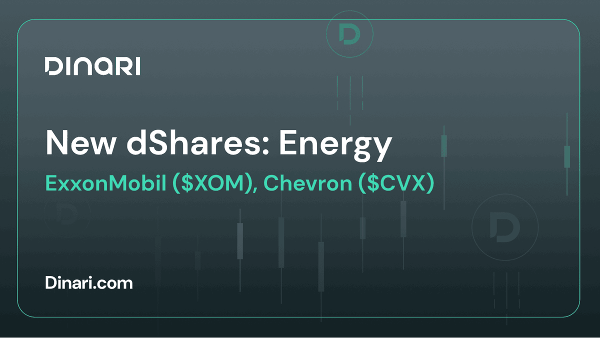 DinariGlobal's tweet photo. 👨💻💚 2 New dShares 💚👩💻
We're pleased to announce that Exxon $XOM and Chevron $CVX dShares are now live for buying & selling. Diversify your portfolio with these energy leaders.
Stay tuned for more #dShare releases later this week! 📈🔗
Learn more in our latest blog post 👇👇
https://t.co/ZsnOrpclwb