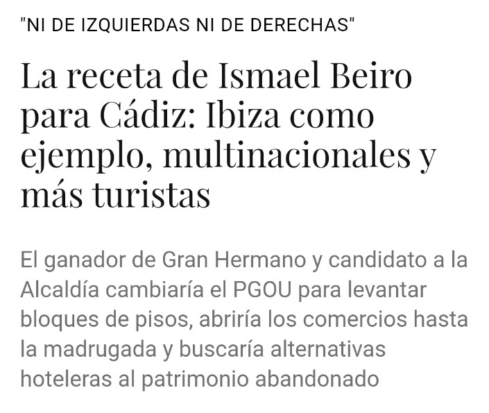 Ismael Beiro, candidato gaditano de <a href="/AndaluciaxSi/">Andalucía Por Sí - Andalucistas</a>, tambien conocido como @AhorAndalucia 

Ni de izquierdas ni de derechas quería más multinacionales y mas turistas en Cadiz, como Ibiza. Pues esta gente es la que dice q son los verdaderos andalucistas