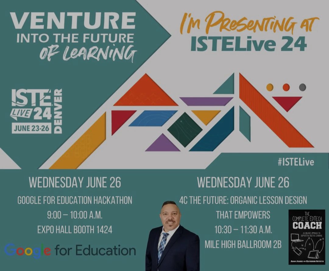 techcoachjuarez's tweet photo. Come learn with me at #ISTELive this Wednesday at the Google Booth in the Expo Hall and Milehigh Ballroom 2a! #organicedtech #cvtechtalk #somoscue #cuemmunity https://t.co/v7DDJepNlw