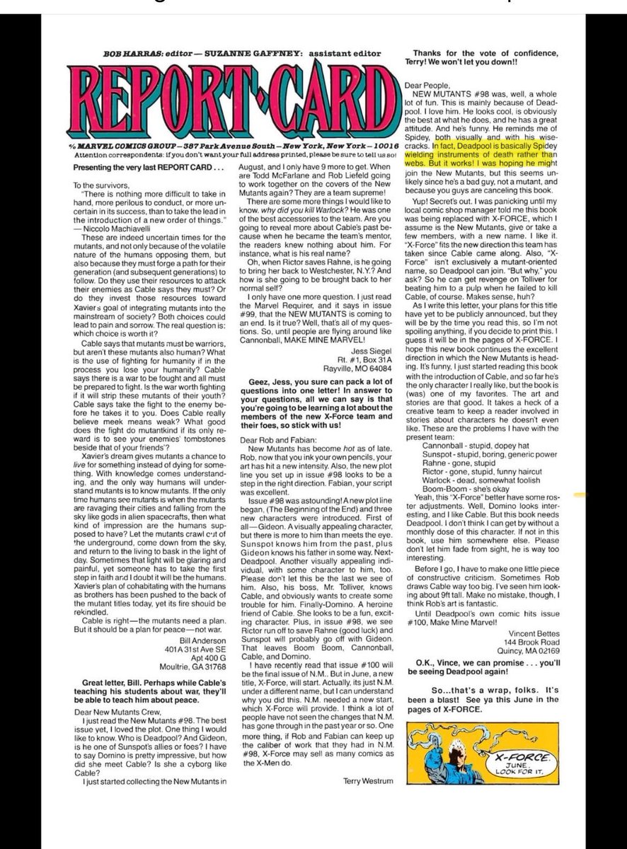 robertliefeld's tweet image. As Deadpool’s 1st appearance continues to be reprinted, here’s a look at the letters page in New Mutants #100 that reflects fans immediate love and affection for Wade! It was all there from the beginning! #deadpool