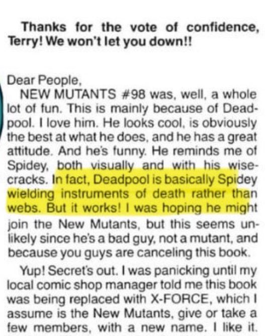 robertliefeld's tweet image. As Deadpool’s 1st appearance continues to be reprinted, here’s a look at the letters page in New Mutants #100 that reflects fans immediate love and affection for Wade! It was all there from the beginning! #deadpool