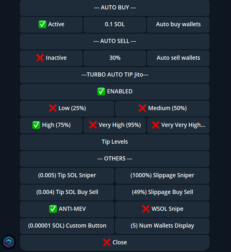 0xPepesso's tweet photo. Here are my SECRET trading bot settings:

▪ Auto Buy: Active and set SOL amount
▪ Turbo auto tip Jito: High (75%)
▪ Tip SOL sniper: at least 0.005
▪ Slippage Sniper: 1000%
▪ Anti MEV: Active https://t.co/hKmAlII1Sg
