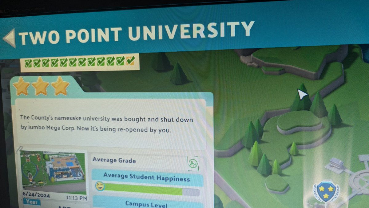 PurelyBex's tweet image. After what I can only describe as a painful couple days, I have FINALLY got all the stars in Two Point Campus. (Not including any DLC)