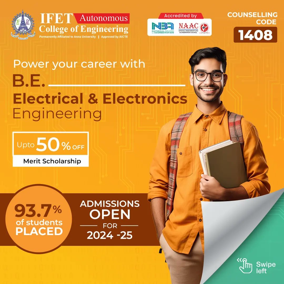 CeIfet's tweet image. *Power your career with B.E. Electrical and Electronics Engineering! ⚡🚀*

🎓 Up to 50% Merit Scholarship
📈 93.7% of students placed

*Admission open for 2024-2025.

#EngineeringExcellence #EEEngineering #TopPlacements #JoinUsNow #MeritScholarships