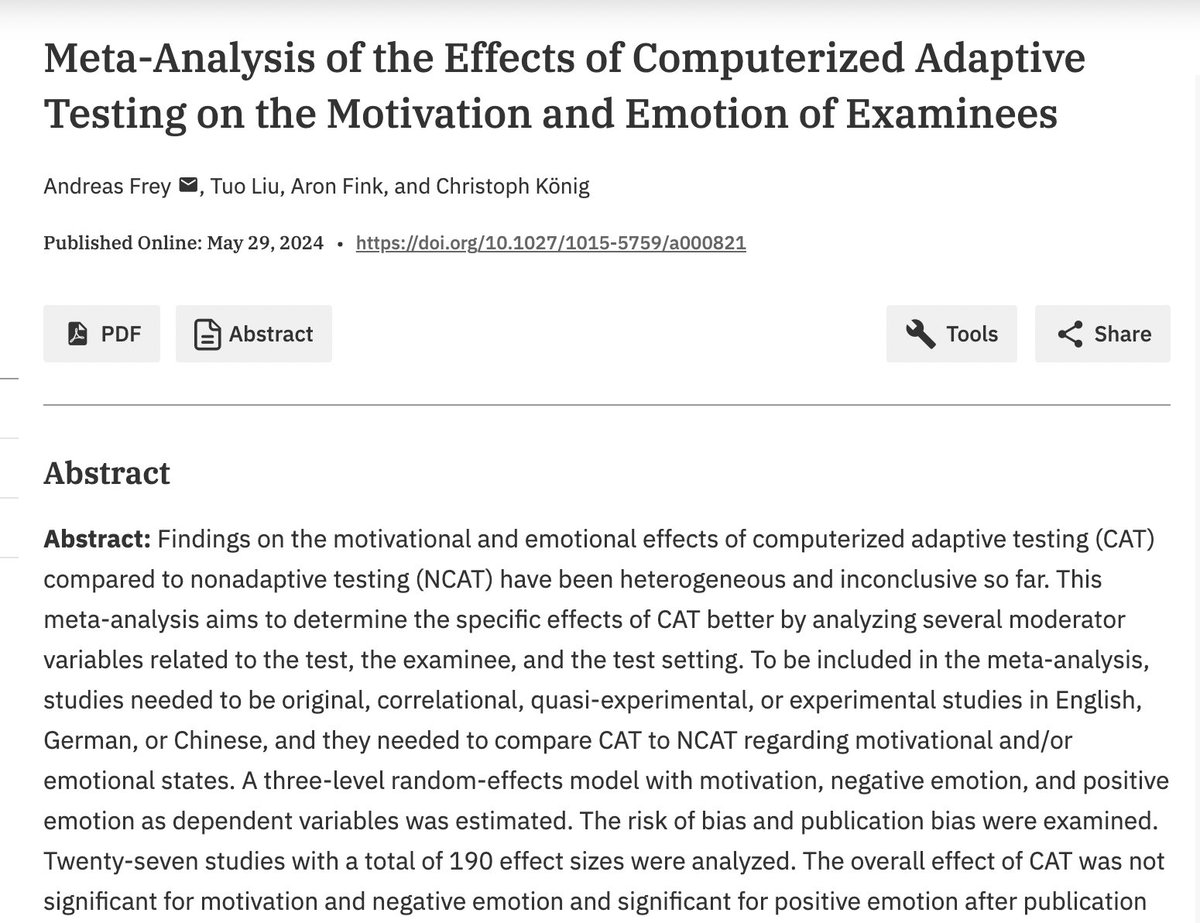 Check out this #OpenAccess meta-analysis on the motivational and emotional effects of computer adaptive testing at econtent.hogrefe.com/doi/10.1027/10…