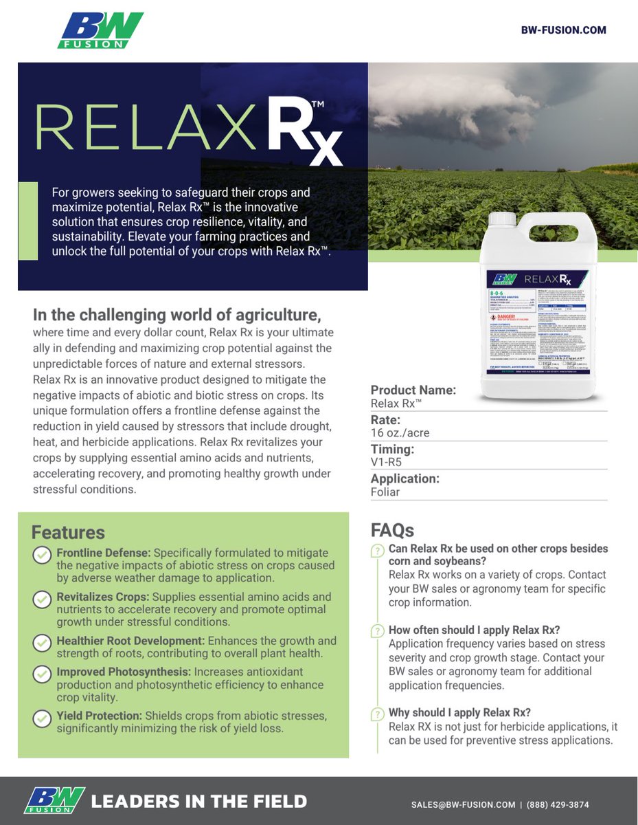 drich82's tweet photo. The number would scare most people. This is the exact reason @bw_fusion brought RelaxRx to the market. That along with our other Stress Less foliars (Full Sun And AmiNo) give farmers the tools needed to maximize every growing day that they can. https://t.co/HMZUccitlW