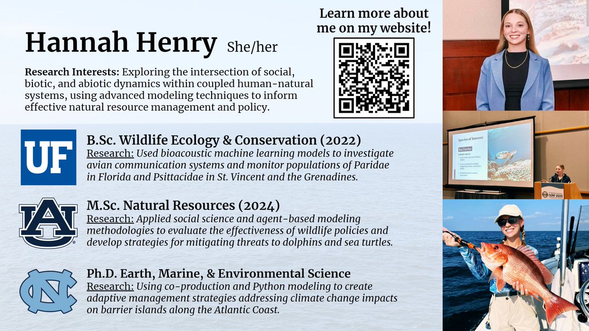 👋 Allow me to introduce myself!

I’m Hannah Henry, and I am fascinated by the dynamics of human-natural systems, especially the interplay among social, biotic, and abiotic factors.

My goal is to use models and social science to advance natural resource management and policy.