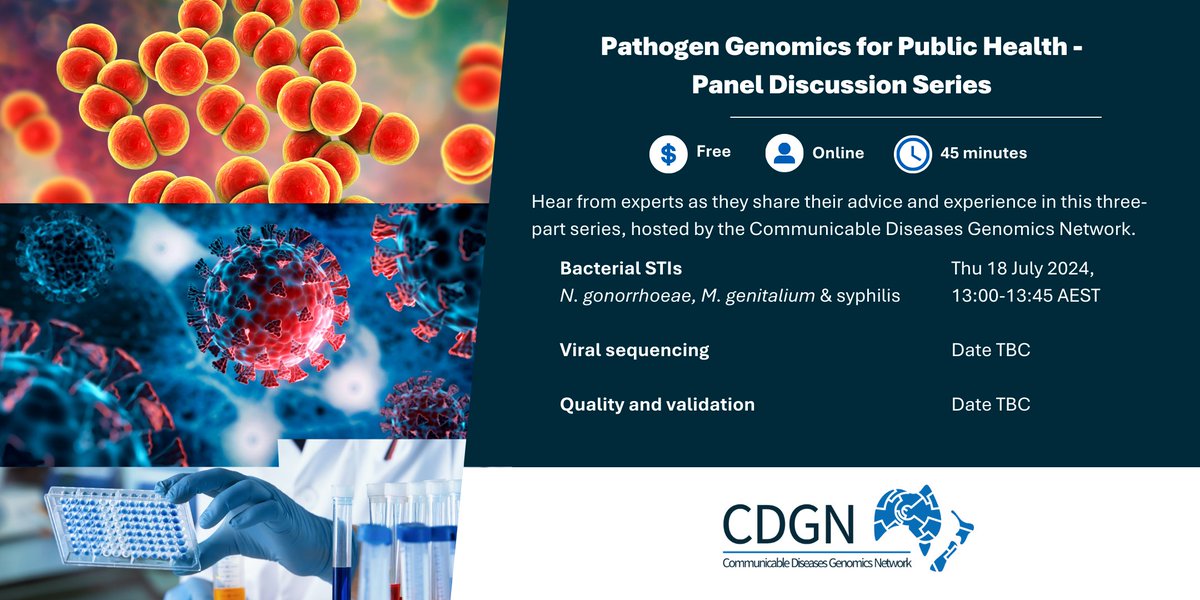 Registrations are now open for the 'Pathogen Genomics for Public Health - Panel Discussion Series' hosted by <a href="/CDGN_Australia/">CDGN</a> 

The first session on Bacterial STIs will take place on Thursday 18 July, registrations via the following link 👉go.unimelb.edu.au/2co8