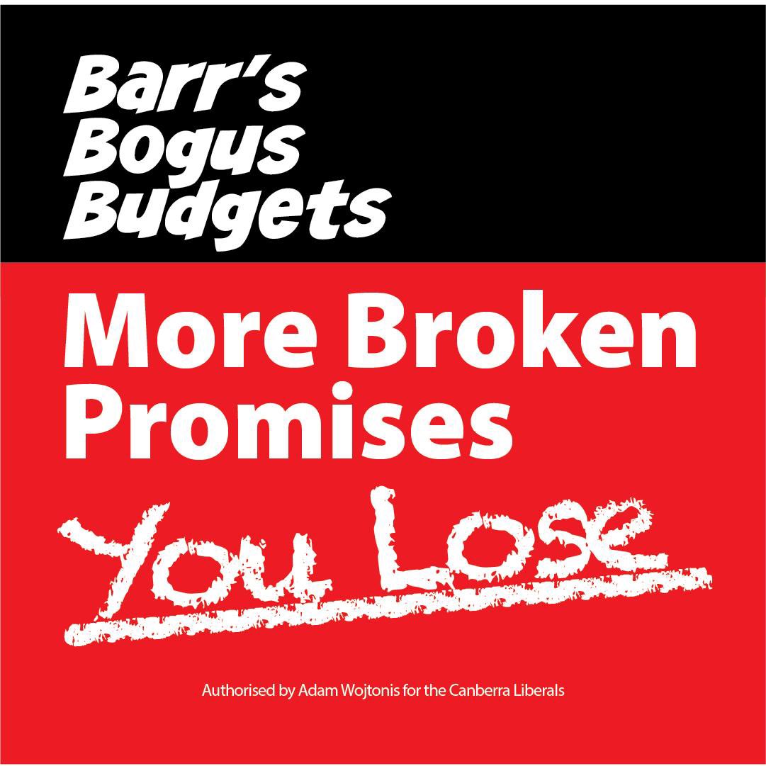 A track record of broken promises, re-hashed re-announcements and failed project.

Don’t let Andrew Barr continue to take Canberrans for a ride.

This October, we have the chance to make Barr’s 13th budget his last budget.