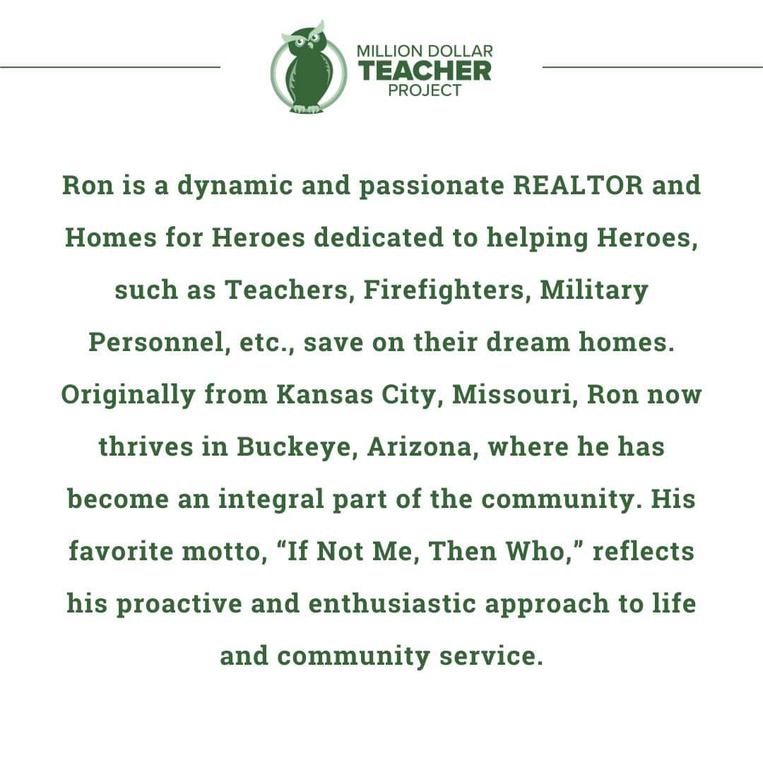 RonAzRealtor's tweet image. Thank you for this opportunity Million Dollar Teacher Project to work side by side with you to give our educators the recognition they deserve!  I look forward to helping you all fulfill the MDTP mission.

#teacherrecognition #supporteducators #arizona #rontherealtor