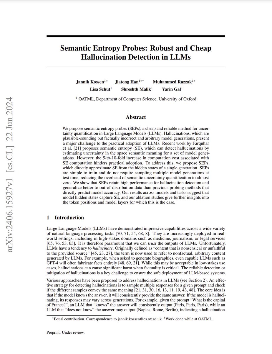 Semantic Entropy Probes: Robust and Cheap Hallucination Detection in LLMs

abs: arxiv.org/abs/2406.15927

Semantic entropy: repeated LLM generation at non-zero temperature is usually consistent for accurate generation, inconsistent for inaccurate generation. This consistency can