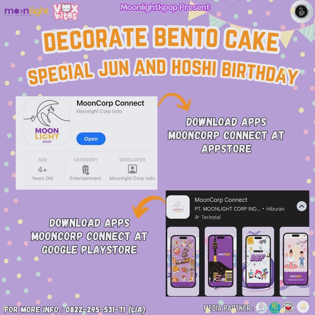 Calling carats🩷🩵

✨Moonlightkpop X <a href="/vox/">Peggy Miles</a>.bites Present✨

Hi Carats, Lets Celebrate Jun and Hoshi Birthday Party with Decorated Your Bento Cake ^^

More details? kindly check pict☺️

See You Carats🩵🩷

 #moonlightkpop #hoshi #jun #birthdayparty #seventeen #carat #caratsurabaya