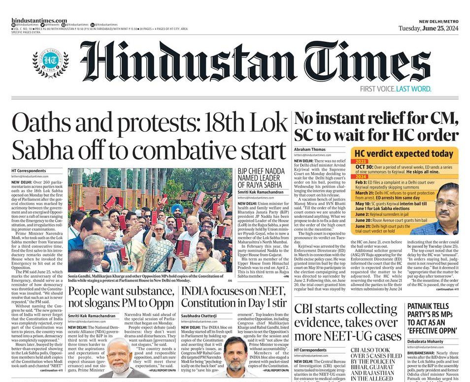 ashokmalik's tweet image. ▶ #Oaths and #protests: 18th #LokSabha off to #combative start 
▶ No instant relief for Delhi CM #ArvindKejriwal, #SupremeCourt to wait for #HC_order 
@htTweets epaper  epaper.hindustantimes.com