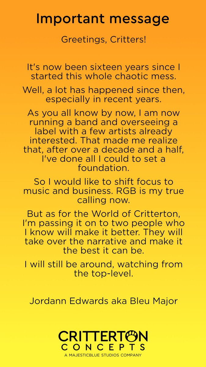 ThaCritterCrew's tweet photo. Important message!

I will be shifting focus to other things, leaving the stories in better hands - Beth-Angel and @Raphkole will take on the narrative and executing a new story bible for the world

It's gonna be a new beginning for us https://t.co/YIrtwbYmn9