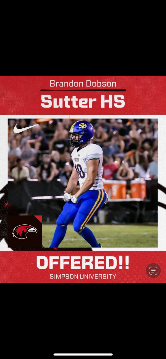 BrandonDobson41's tweet image. Extremely blessed to receive my first offer to play football at the next level! Thank you @CoachGrimshaw76 and @SimpsonUFball for this opportunity! @SutterFootball @grind_30 @nickhenrich_42 @coachrrhino