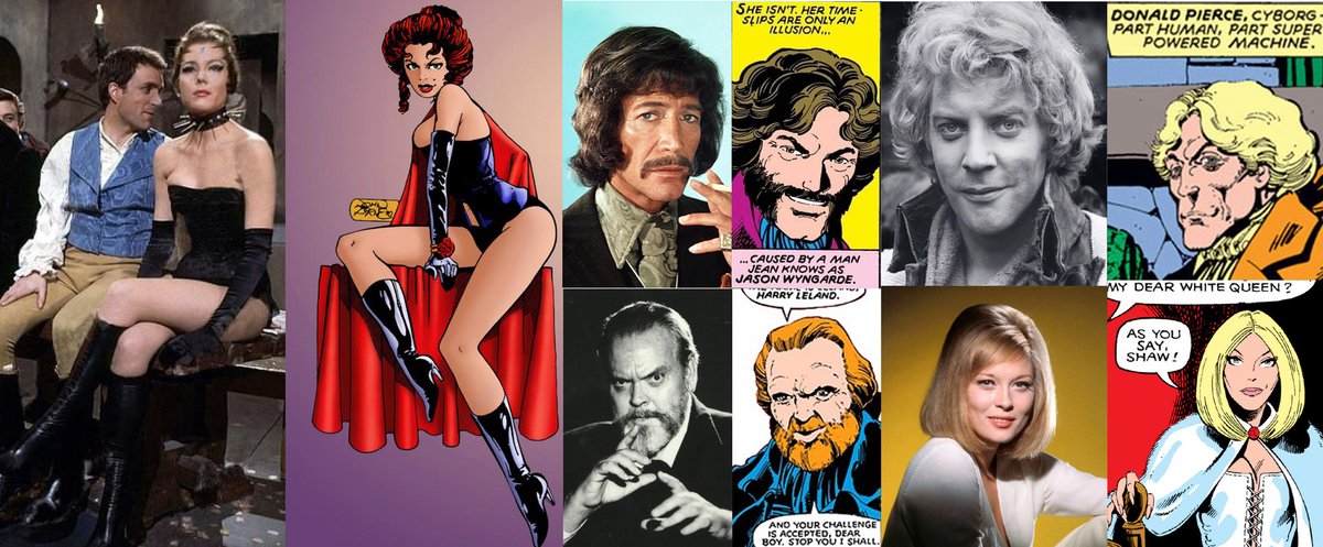 Iskander I writes:

Sebastian Shaw - Robert Shaw
Harry Leyland - Orson Wells
Donald Pierce - Donald Sutherland
Jason Wyngarde - Peter Wyngarde 
Emma Frost - Faye Dunaway

(Diana Rigg in Queen of Sin costume)