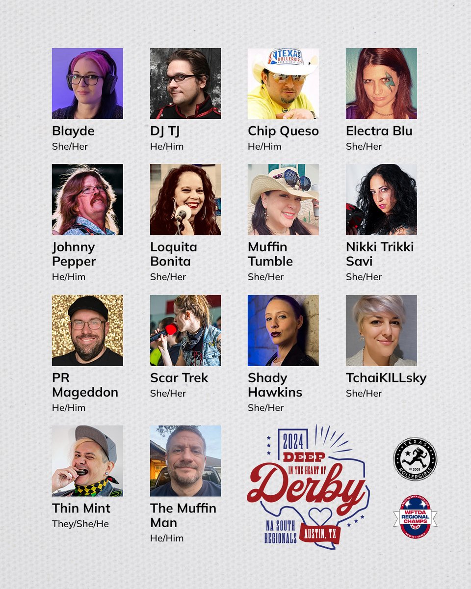 OMG, it's tournament week! 🥳 Check out this killer announcer and staff crew that will be announcing and helping us stream our tournament.

Follow our Youtube channel for stream updates, youtube.com/@TexasRollergi…