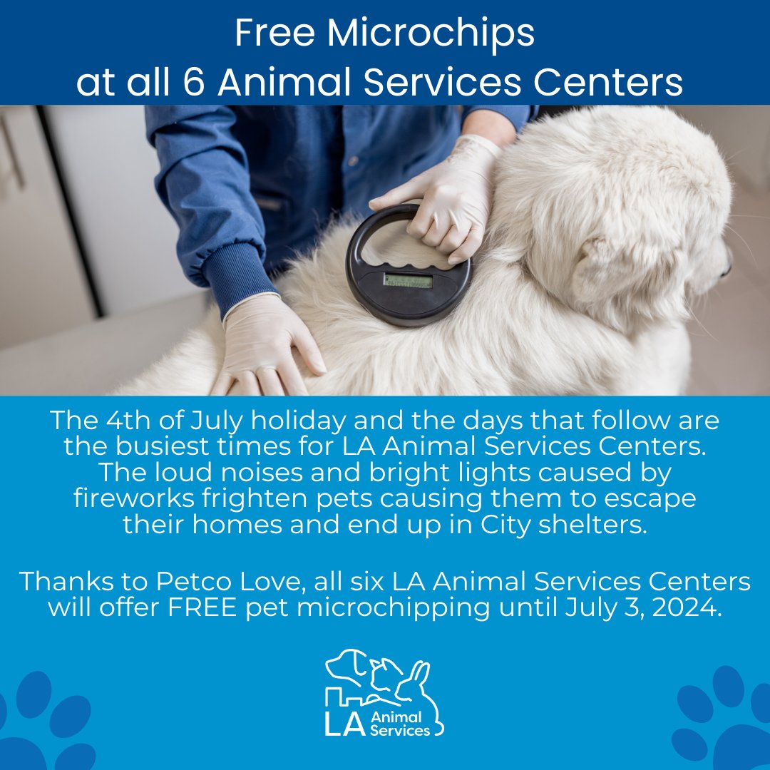 If your pet hasn't been microchipped yet, LA Animal Services will be offering free microchips until July 3 at all Six LA Animal Services Centers, courtesy of Petco Love. If your pets already have a microchip, it's a great time to make sure the information on file is up to date.