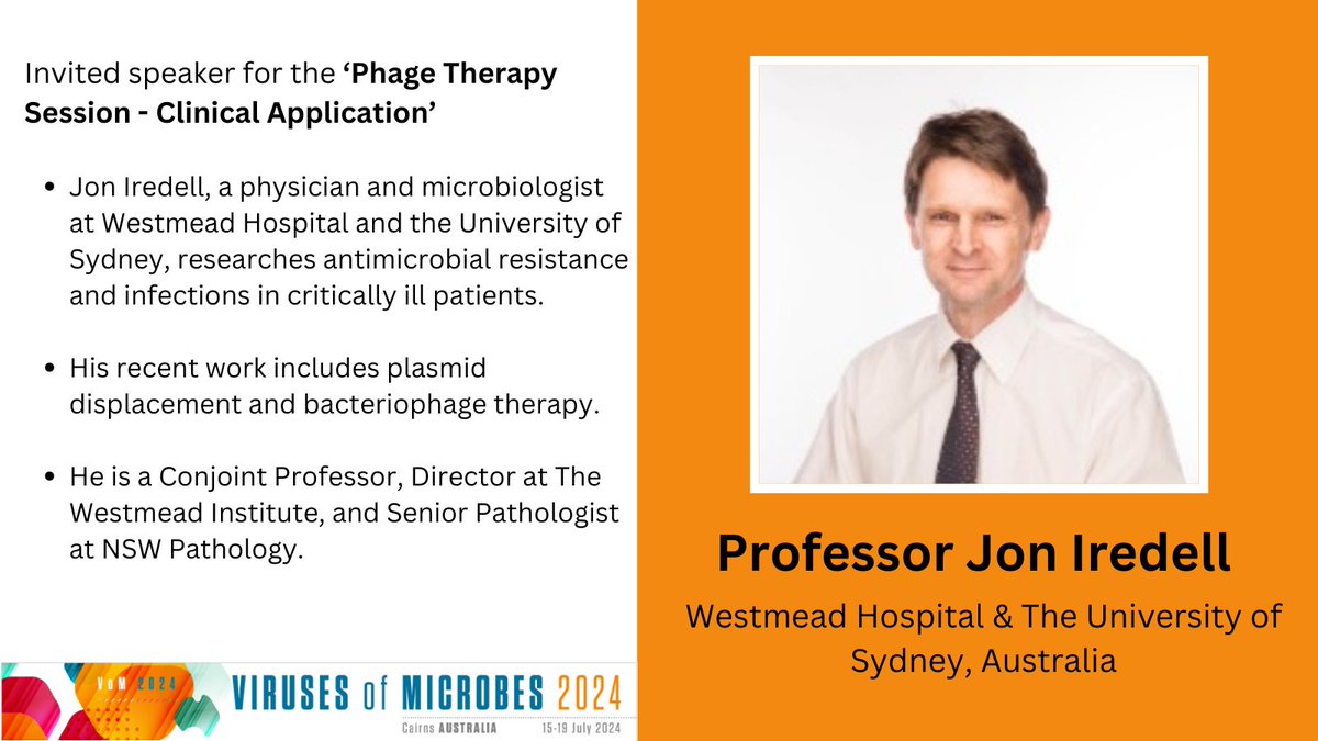 Viruses of Microbes 2024 (@vom_2024) on Twitter photo We are thrilled to announce the final invited speaker for #VoM2024; Meet Jon Iredell (<a href="/Iredell_Lab/">Iredell Lab</a>), a physician & microbiologist at Westmead Hospital & <a href="/Sydney_Uni/">University of Sydney</a>. His team tackles antimicrobial resistance & infections in critically ill patients using phage therapy. 🌟 We are thrilled to announce the final invited speaker for #VoM2024; Meet Jon Iredell (<a href="/Iredell_Lab/">Iredell Lab</a>), a physician & microbiologist at Westmead Hospital & <a href="/Sydney_Uni/">University of Sydney</a>. His team tackles antimicrobial resistance & infections in critically ill patients using phage therapy. 🌟
