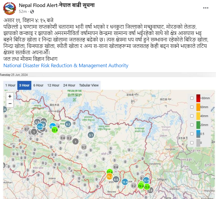 DHM_FloodEWS's tweet photo. पछिल्लो ३ घण्टामा सप्तकोशी चतारामा भारी वर्षा भएको र धनकुटा,सुनसरी, मोरङ, झापा र आसपासको  क्षेत्रमा थप वर्षा हुने सम्भावना रहेकोले बिरिङ खोला, निन्दा खोला, चिन्स्याङ खोला, स्यौती खोला र अन्य स-साना खोलाहरूमा जलसतह केही बढ्न सक्ने# तटिय क्षेत्रमा सतर्कता अपनाऔँ। @NDRRMA_Nepal https://t.co/PCdSZYoMQW