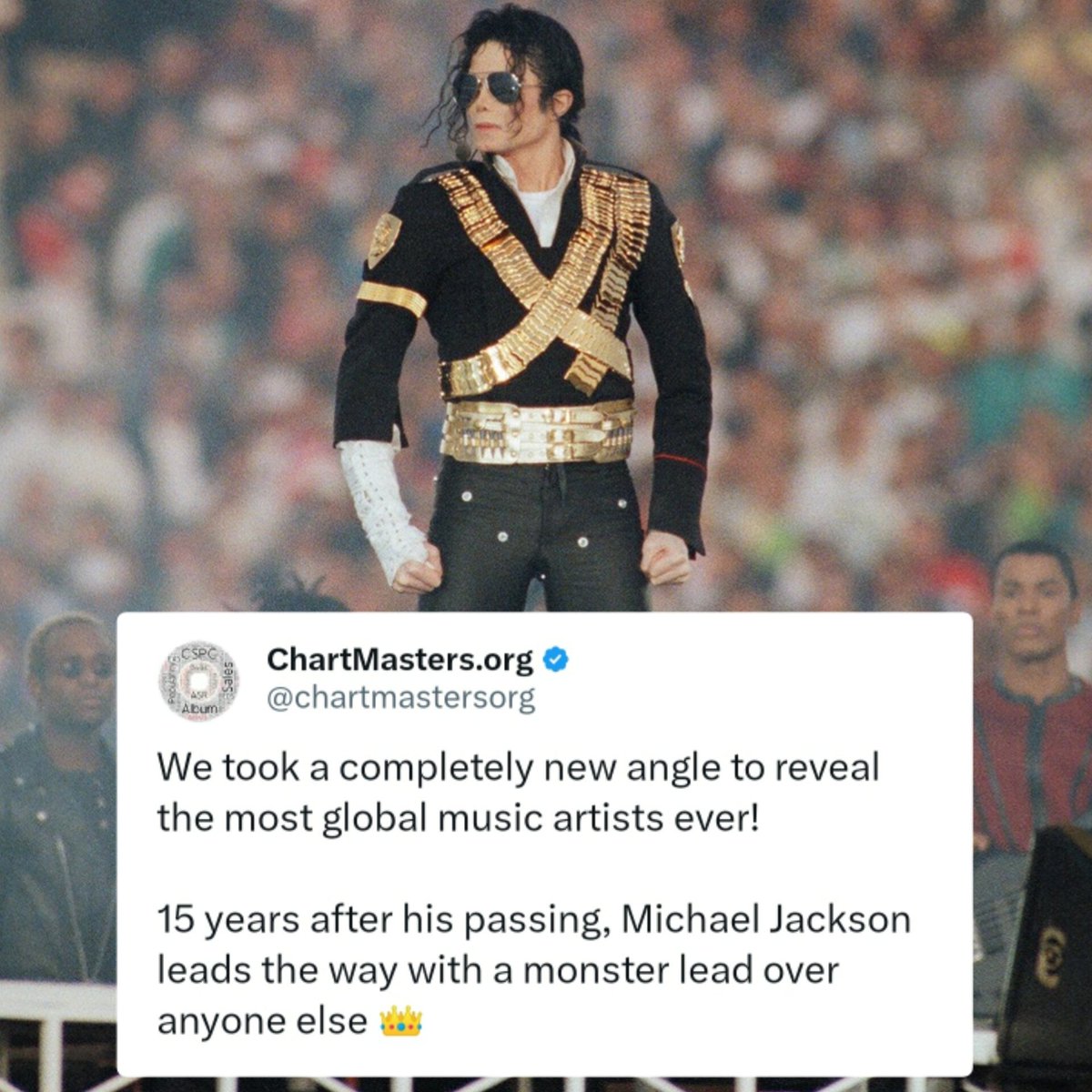 sebasmjjj's tweet photo. Chart Masters posiciona a Michael Jackson en el puesto NÚMERO 1 de su top 60 de los artistas musicales más globales de todos los tiempos.
#15YearsWithoutMichaelJackson https://t.co/9NePaE67ke