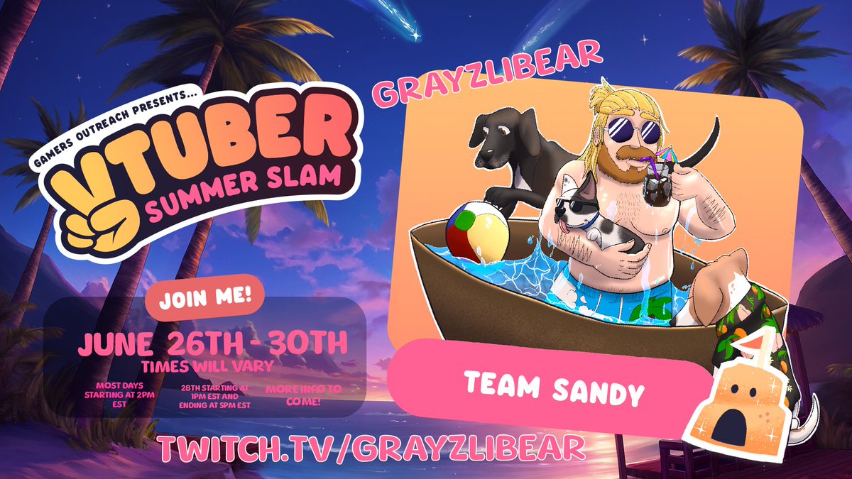 Grayzlibear's tweet image. Hello again everyone! The cart is on the move! This week’s adventure is to be part of Vtuber Summer Slam with @GamersOutreach! The pups and I are ready! (I might want to grab extra treats.) Let’s help these kids through gaming! More info coming. #VTSS24 #GamersOutreach #charity