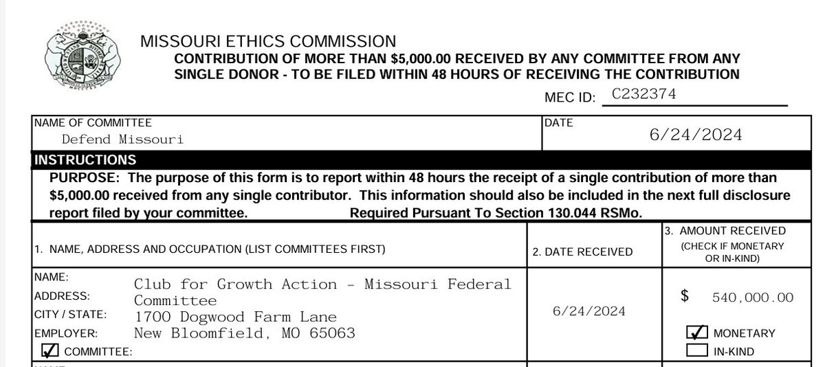 MoDemParty's tweet image. Dark Money Sock-Puppet spends minutes calling out liberal dark money, fails to disclose $500k drop from Club for Growth that hit his campaign PAC account TODAY #moag #EladSquad