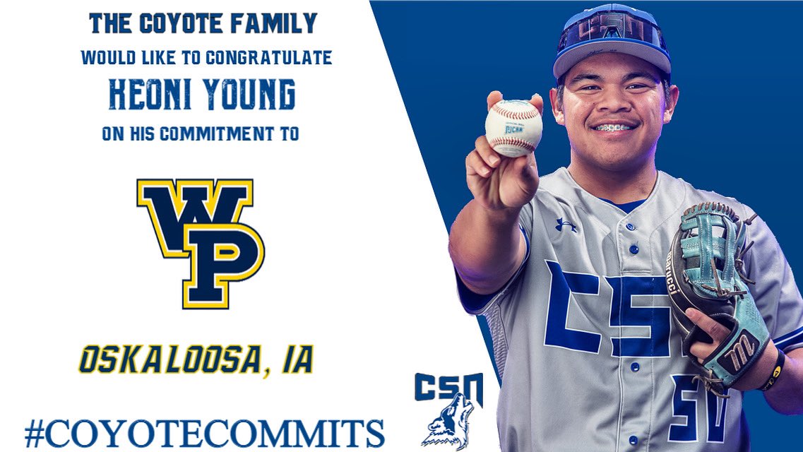 CSN_Baseball's tweet photo. The Coyote Family is thrilled to congratulate Keoni Young on his commitment to continue his academic and athletic career with William Penn University in Oskaloosa, IA.
🐺⚾️➡️🔵🟡⚾️ #CoyoteCommits https://t.co/PiNEM4HbM1