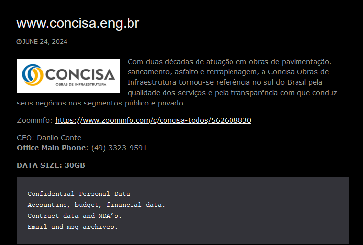 chum1ng0's tweet photo. 🚨#Brasil🇧🇷: El grupo Qiulong publica a la empresa Concisa Pavimentação e Terraplanagem, (concisa[.]eng[.]br).

#ransomware #qiulong #DarkWeb #infosec #Concisa #Construcción #Chapeco https://t.co/yNmJfz5M4r