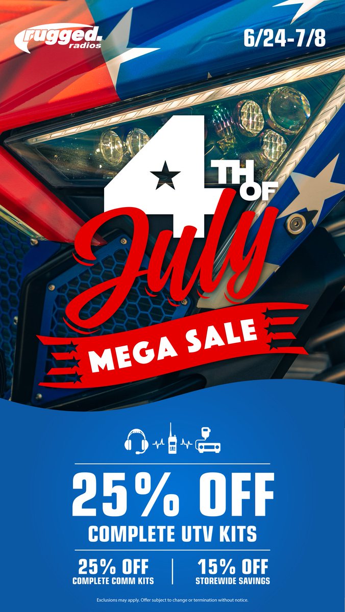 The MEGA Sale is on at RuggedRadios.com! Get 25%off Complete UTv Kits or Universal Comms Kits, and 15% off Rugged Radios manufactured products and line! 
Sale valid through 7/8/24.
#radio #twowayradio #ruggedradios #sale