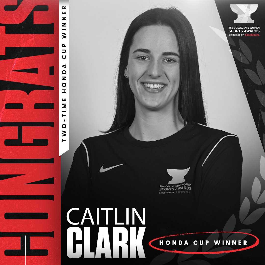 CWSA_HondaCup's tweet photo. BACK 👏 TO 👏 BACK 

Caitlin Clark takes home the #HondaCup 🏆 for the second-straight year.  

2024 Collegiate Woman Athlete of the Year 🔥

#CWSAFamily https://t.co/6qbsNTkmgV