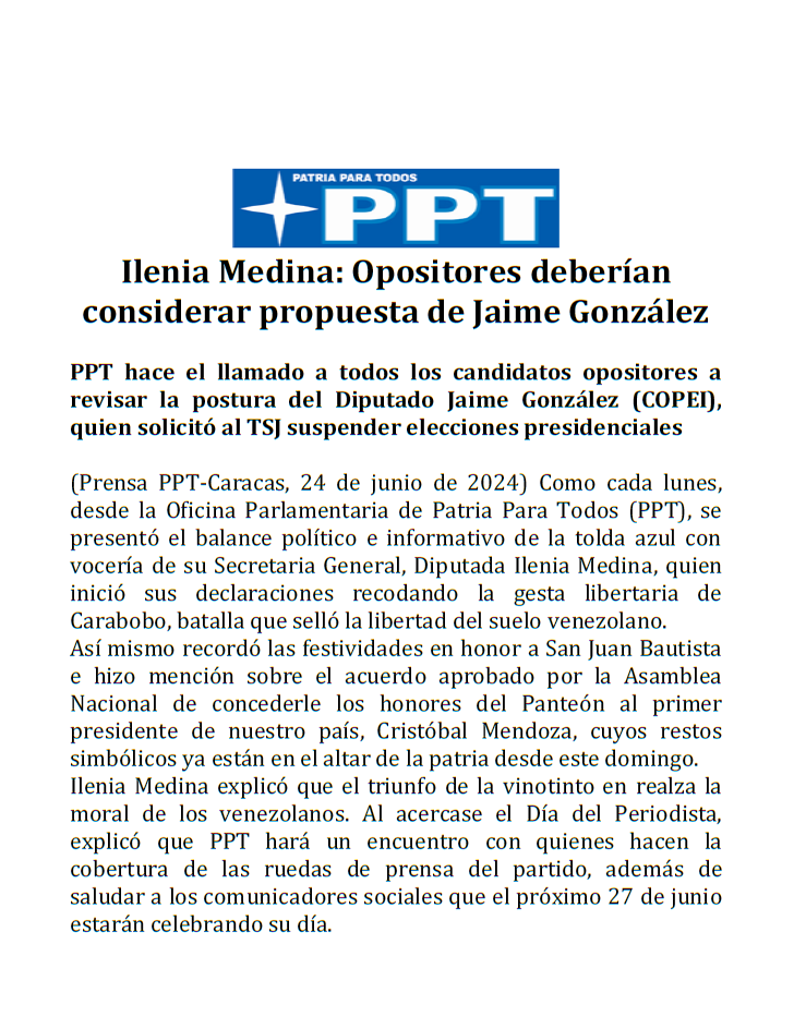 pptenlinea's tweet photo. Ilenia Medina: Opositores deberían considerar propuesta de Jaime González

PPT invita a los candidatos opositores a revisar la postura del Diputado Jaime González (COPEI), quien solicitó al TSJ suspender elecciones presidenciales

#DeCalleMaduroPresidente
https://t.co/rrt2F28ckd https://t.co/lzp9dCtgIw