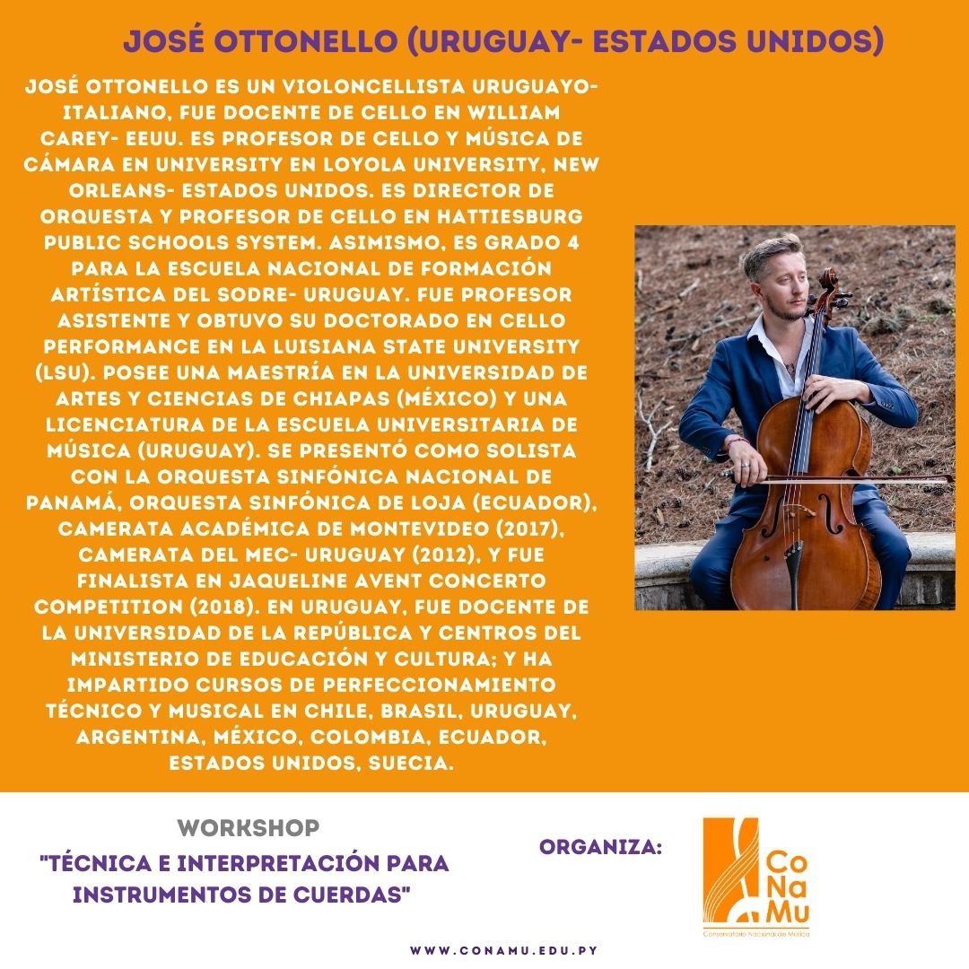 #Invitación al Workshop de «Técnica e interpretación para instrumentos de Cuerdas» a cargo del Dr. José Ottonello (Uruguay- Estados Unidos).
📌Miércoles 26 de junio, de 13:00 A 16:20 horas.
📍 Sala “Florentín Giménez” CONAMU Sede Central (Mariscal López 1048 c/ EEUU)
Acceso
