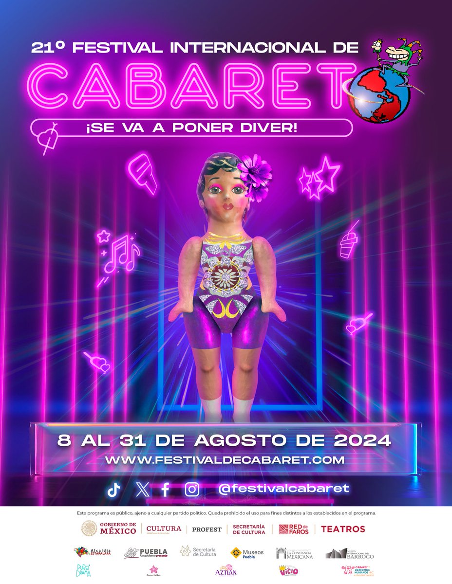 Cartel oficial del 21º Festival Internacional de Cabaret 🤘🤩

Vamos a tener una #FiestaCabaretera muy ¡ufff!❤️‍🔥❤️‍🔥
¡Gracias a todis quienes lo están haciendo posible!

#SeVaAPonerDiver
