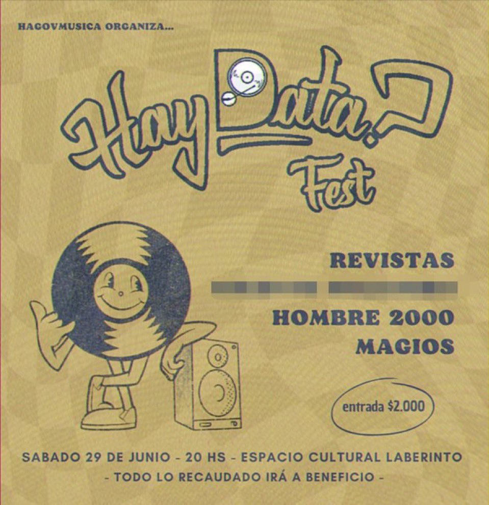 ZONA OESTE 

nos vemos este sabado en la fecha a beneficio de <a href="/HayData_/">HayData?</a> 

en LABERINTO junto a <a href="/revistas__/">Revistas</a> y mis amigos personales los hombre 2000

🎫: passline.com/eventos/hay-da…