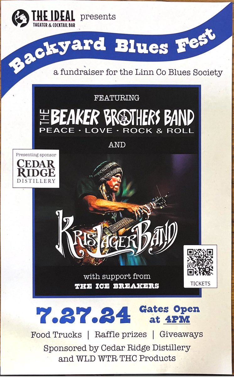 Join us for BACKYARD BLUES FEST!

4:30PM - THE ICE BREAKERS Outdoor stage
6PM - KOBE WILLIAMS &amp; THE FANTASY Indoor stage
7PM - THE BEAKER BROTHERS Outdoor stage
9:30PM - KRIS LAGER BAND Indoor stage

GA tickets: $20 ADV/$30 Day of Show
ALL AGES until 9PM/18+ after 9PM