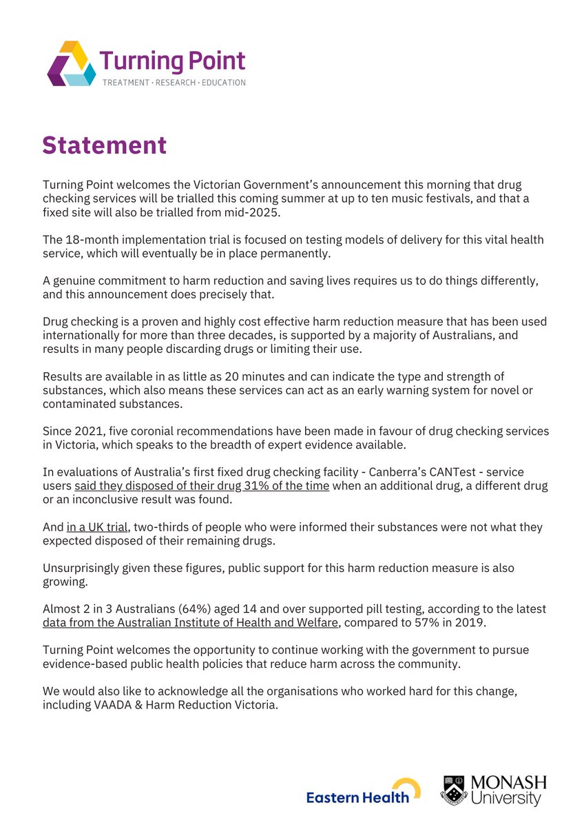 A genuine commitment to harm reduction and saving lives requires us to do things differently.

VicGovt's announcement this morning regarding drug checking does precisely that.

Full statement below. 👇