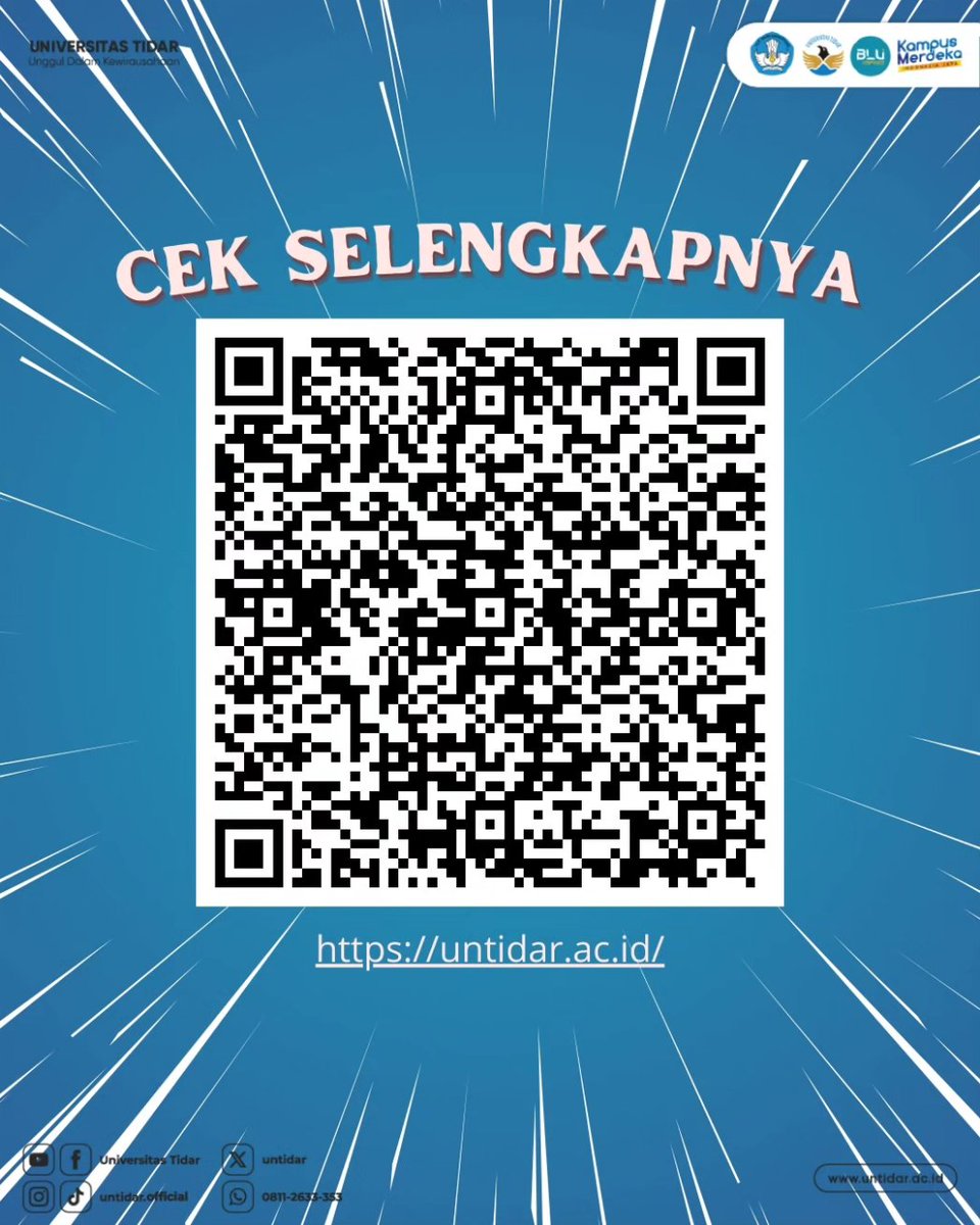 (INFO CALON MAHASISWA)

PERPANJANGAN KEDUA JADWAL PENGISIAN BIODATA DAN BORANG SOSIAL-EKONOMI PADA REGISTRASI CALON MAHASISWA BARU JALUR SNBT TAHUN AKADEMIK 2024/2025 UNIVERSITAS TIDAR
Segera cek kelengkapan pada laman untidar.ac.id atau scan QR Code yang telah tersedia