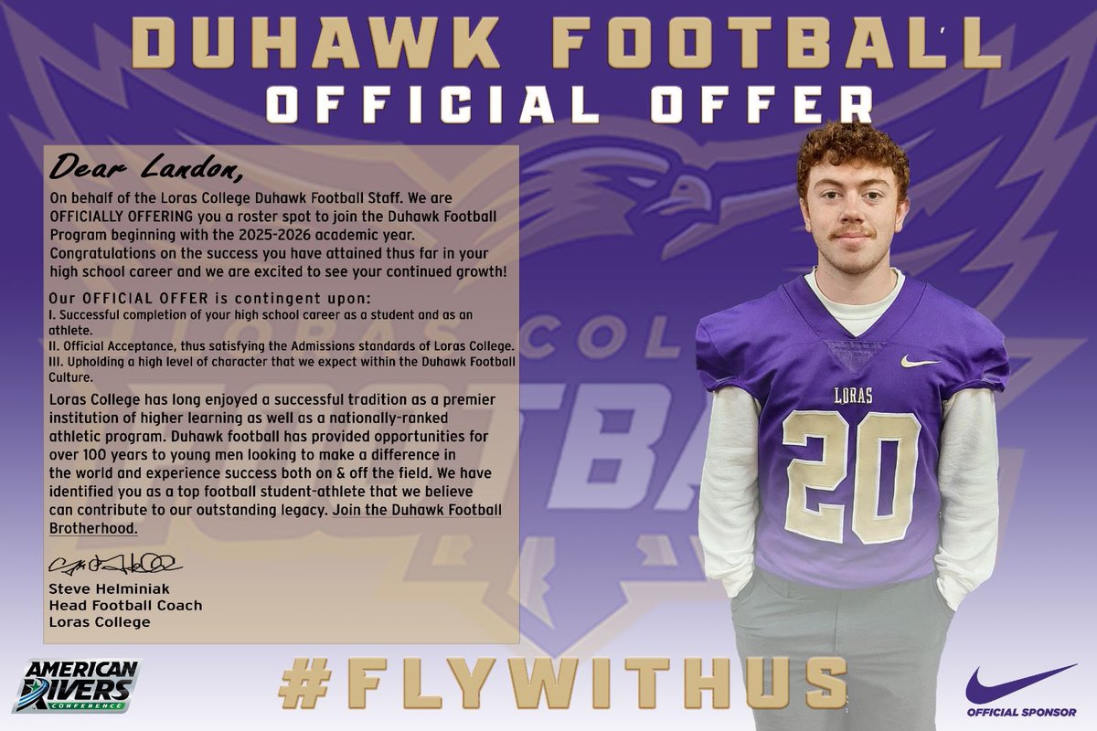 So excited to have received an offer from <a href="/LorasCollegeFB/">Loras Football</a> Forever thankful for this opportunity!! <a href="/CoachHLorasFB/">Steve Helminiak</a> <a href="/FBCoachBlaze/">Coach Blaze</a> <a href="/FootballCoachO/">Coach Jake Olsen</a>