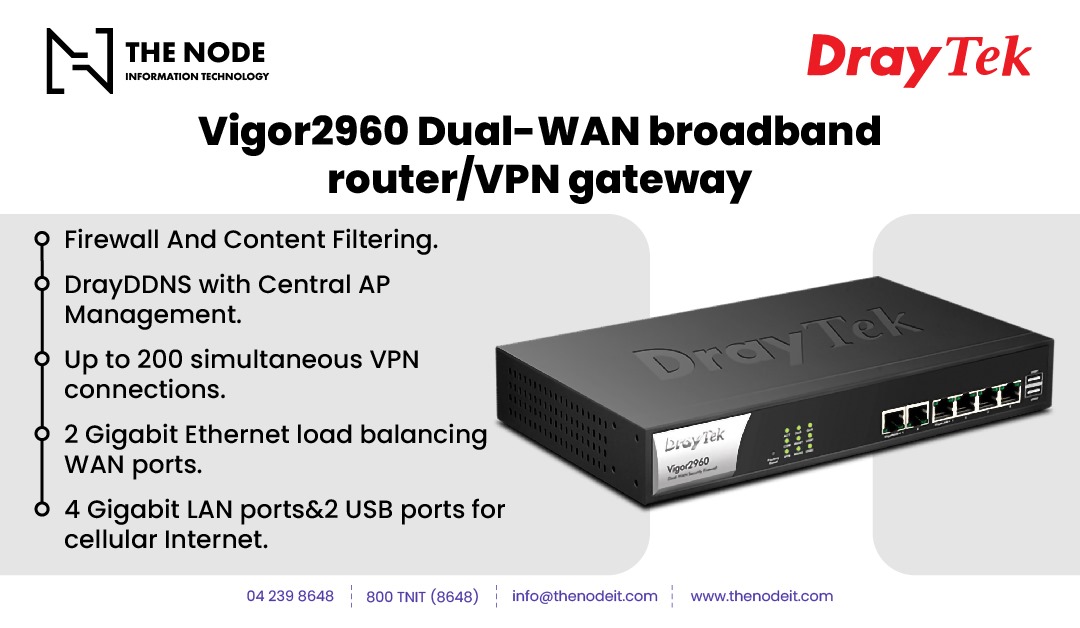 thenodeit's tweet image. Stay connected and secure with the DrayTek  Vigor2960.   Contact us at: Toll-Free: 800-TNIT (800 8648) 📧 info@thenodeit.com 🌐 thenodeit.com   #IT #DigitalInfrastructure #NodeIT #VPN #Router #InternetSecurity #TechUpgrade #RemoteWork