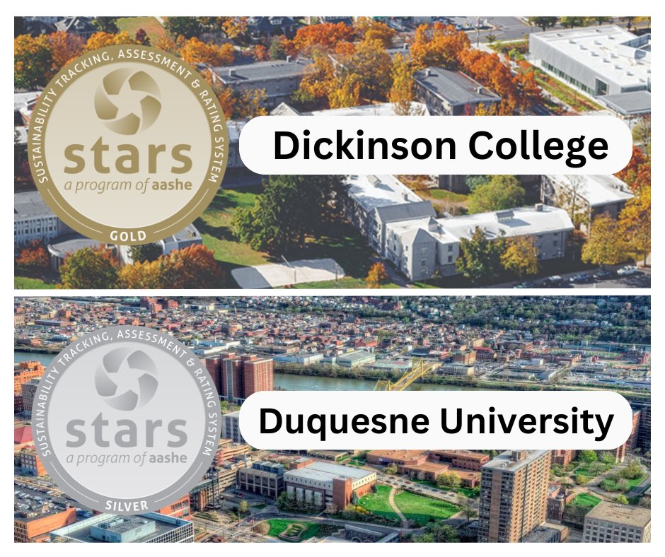 350Pittsburgh's tweet photo. Highlighting Dickinson College for reaching STARS Gold and Duquesne University for reaching STARS Silver! Check out the reports:
https://t.co/09GKN5MUha

https://t.co/AEHO8Yqimh

images:
https://t.co/2H5aW2A6Xu

https://t.co/cjEQpu6Zlh https://t.co/eZKoqUVCle