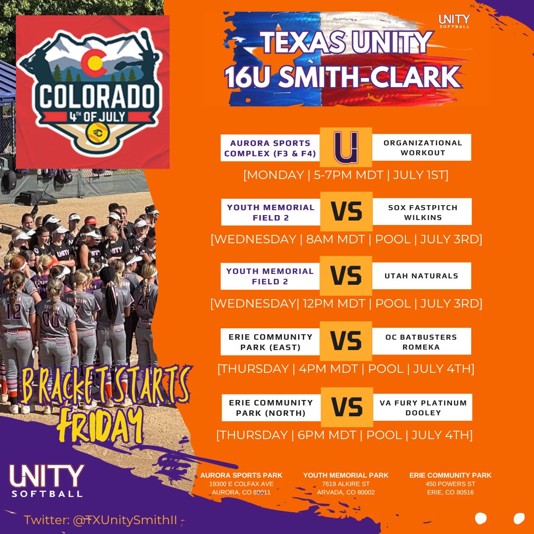 Texas Unity 16U Smith-Clark (@txunitysmithii) on Twitter photo Colorado 4th of July Schedule Drop!
<a href="/triplecrownspts/">Triple Crown Sports</a>
<a href="/COSparkFire/">CO 4th of July</a>
<a href="/thealliancefp/">The Alliance Fastpitch</a>
<a href="/TXUnitySoftball/">Texas Unity Fastpitch</a>
<a href="/UnityCoachJosh/">Josh Johnson</a>
<a href="/UnityCoachGary/">Gary Smith Jr</a> Colorado 4th of July Schedule Drop!
<a href="/triplecrownspts/">Triple Crown Sports</a>
<a href="/COSparkFire/">CO 4th of July</a>
<a href="/thealliancefp/">The Alliance Fastpitch</a>
<a href="/TXUnitySoftball/">Texas Unity Fastpitch</a>
<a href="/UnityCoachJosh/">Josh Johnson</a>
<a href="/UnityCoachGary/">Gary Smith Jr</a>