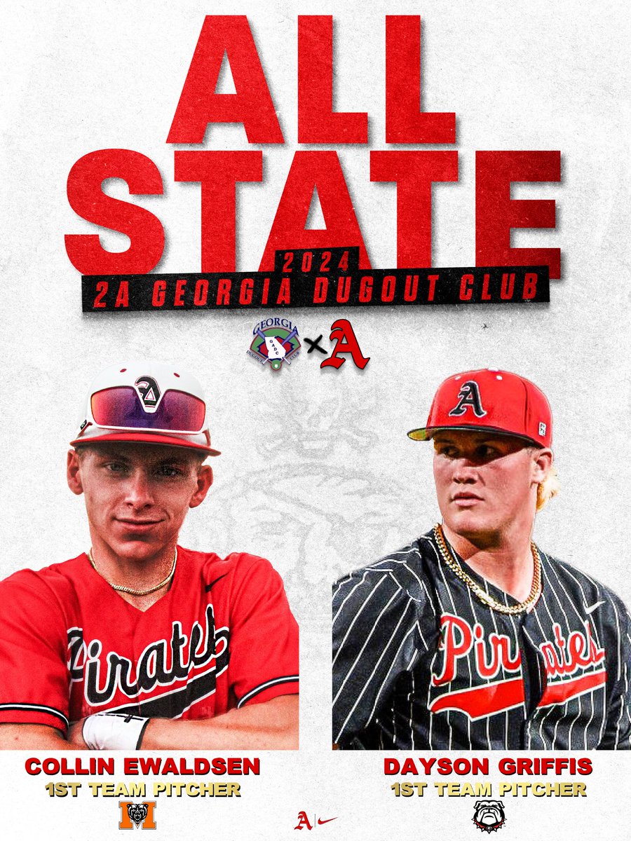Please help us congratulate Collin Ewaldsen &amp; Dayson Griffis for being selected to the 2024 Georgia Dugout Club 2A All State Team!!

Both Collin &amp; Dayson were selected as 1st Team All State Pitchers for their unbelievable year on the mound! 

Congratulations guys 🏴‍☠️🏴‍☠️🏴‍☠️