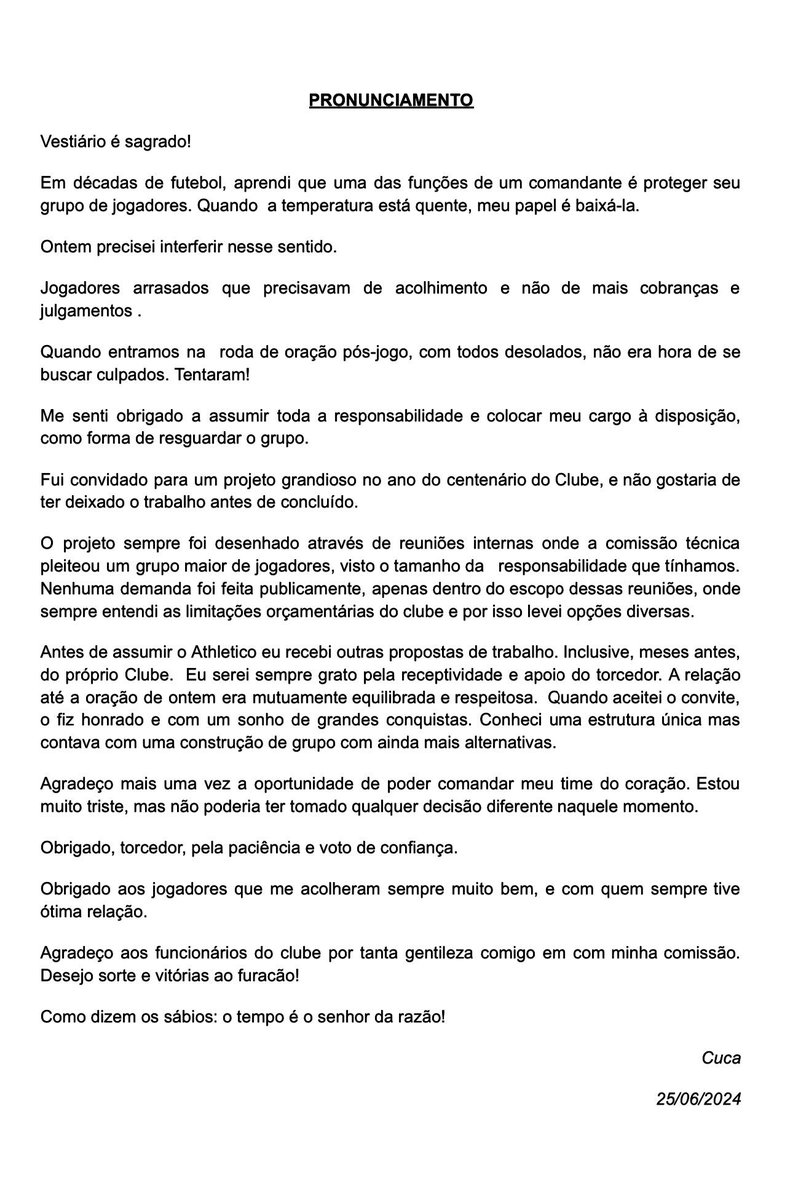 futebol_info's tweet photo. Pronunciamento de Cuca após saída do Athletico.

🗞 @venecasagrande 
📸 Divulgação | José Tramontin/Athletico https://t.co/0spTKWDa4Z