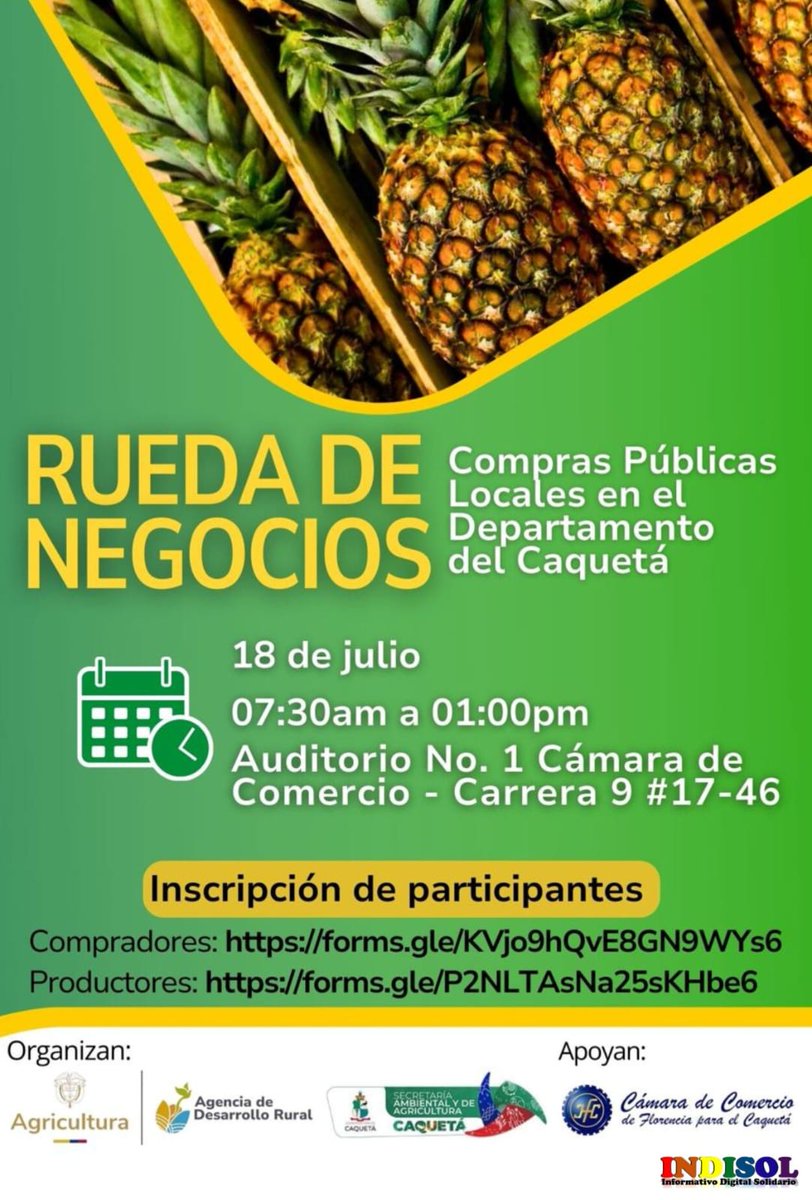 #Caqueta 🇨🇴 #Colombia 
Compras Públicas Locales :  Rueda de Negocios

Enlaces inscripción en la nota

#SomosIndisol 🇨🇴 <a href="/IndisolCol/">Informativo Digital Solidario</a>
Informativo Digital Solidario

👉🔗
facebook.com/share/p/dHbdgT…

#Educación #Recreación #Deporte #Arte #Cultura #TransformacionDigital #Tecnología #Coops